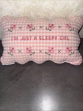 Pink Gingham Decorative Pillow with Embroidered Floral Accents